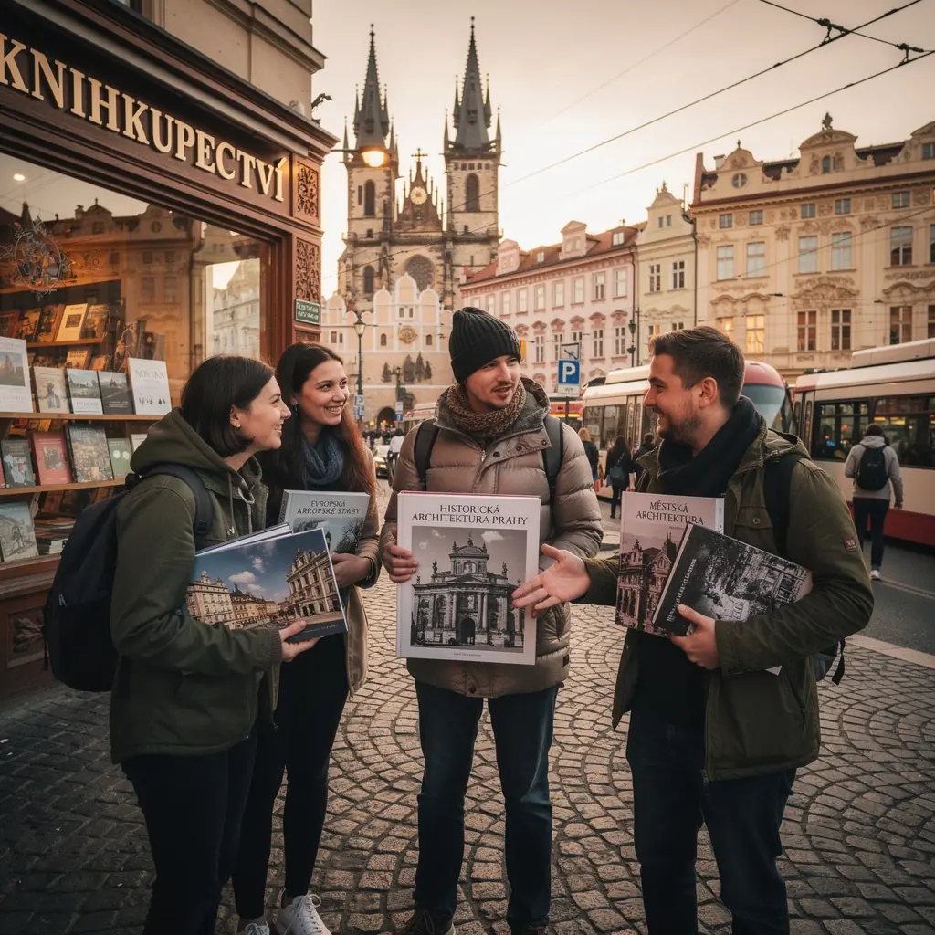 ZГЎbД›r na interiГ©r knihkupectvГ­ s umД›leckГЅmi plakГЎty na stД›nГЎch.