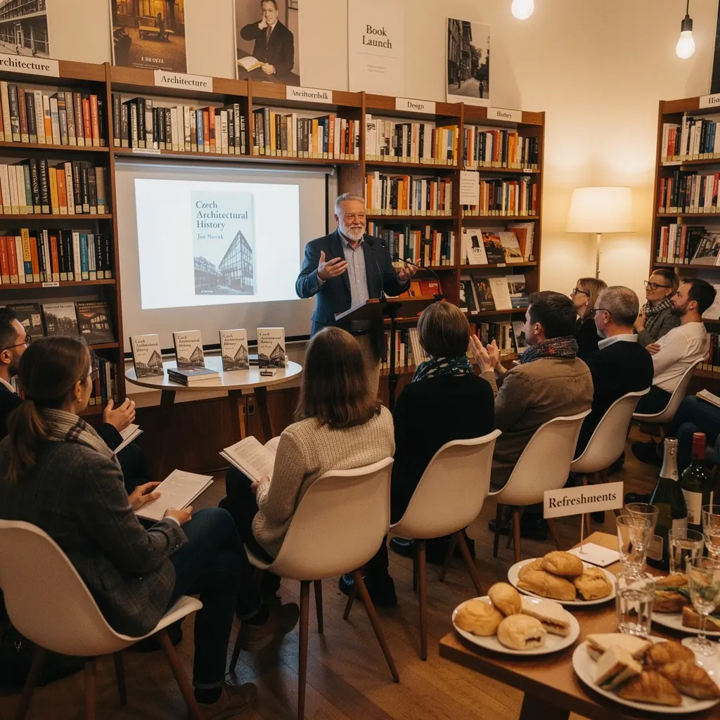 Pohled na ДЌtenГЎЕ™e, kterГЅ si prohlГ­ЕѕГ­ fotografickou knihu o architektuЕ™e.