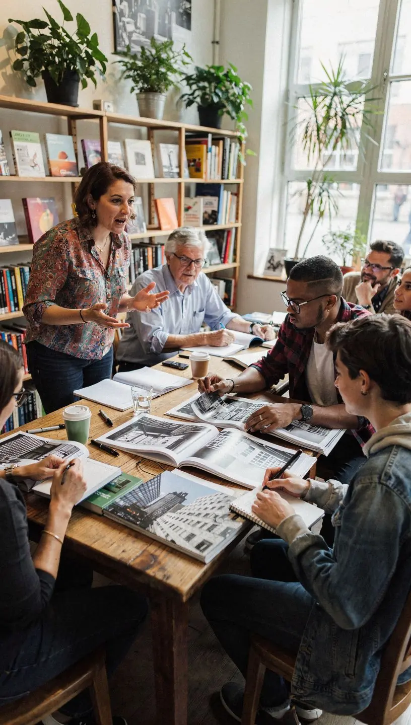 Kreativní pracovní prostor s knihami o designu a výtvarném umění.