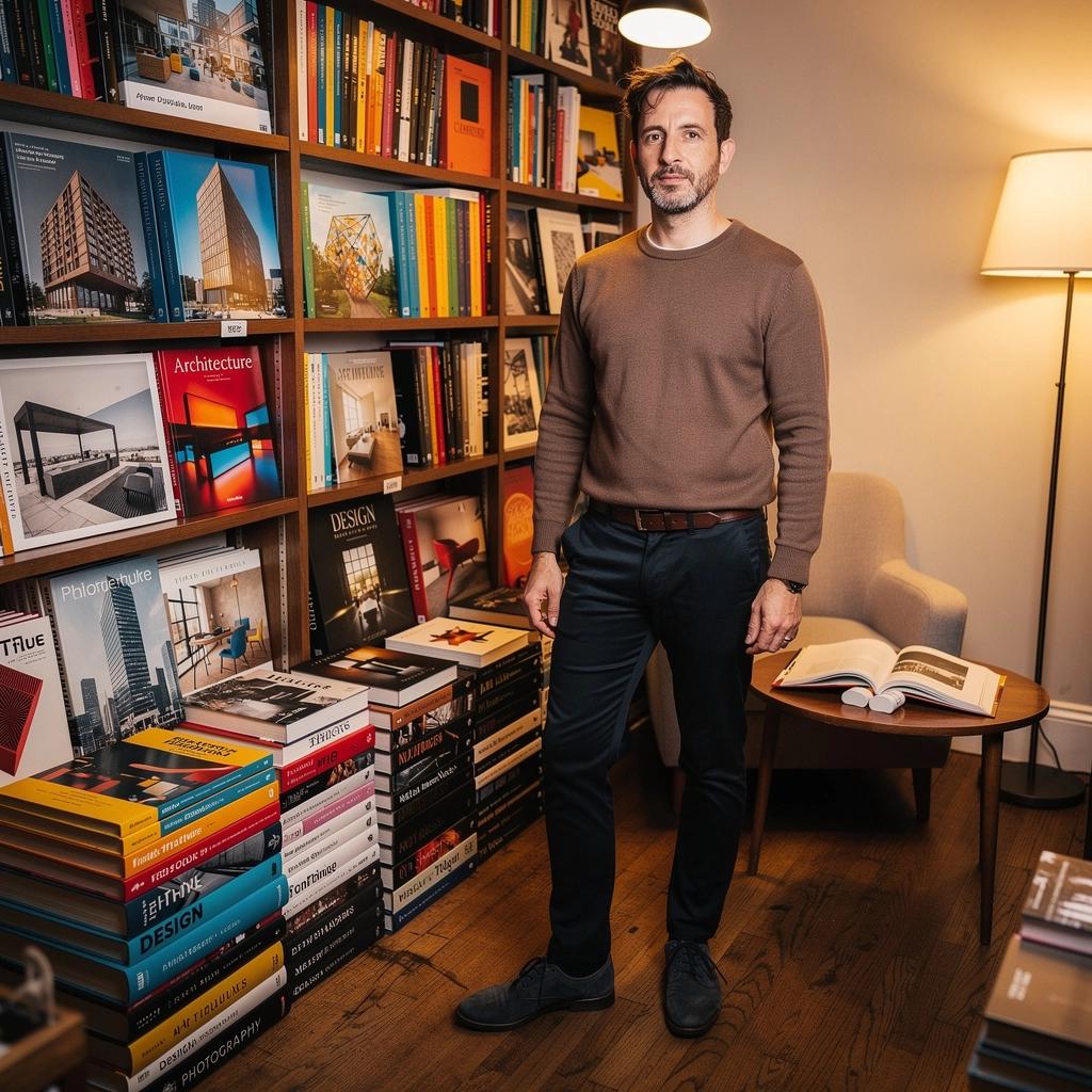 Kniha s nádhernými fotografiemi moderní architektury na dřevěném stole.