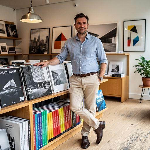 Stylová vitrína s různými publikacemi o vizuální kultuře a designu.