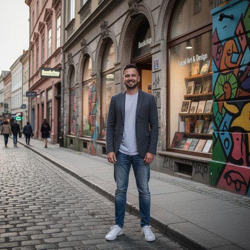 Knihovna plná uměleckých a designových knih, osvětlená přirozeným světlem.